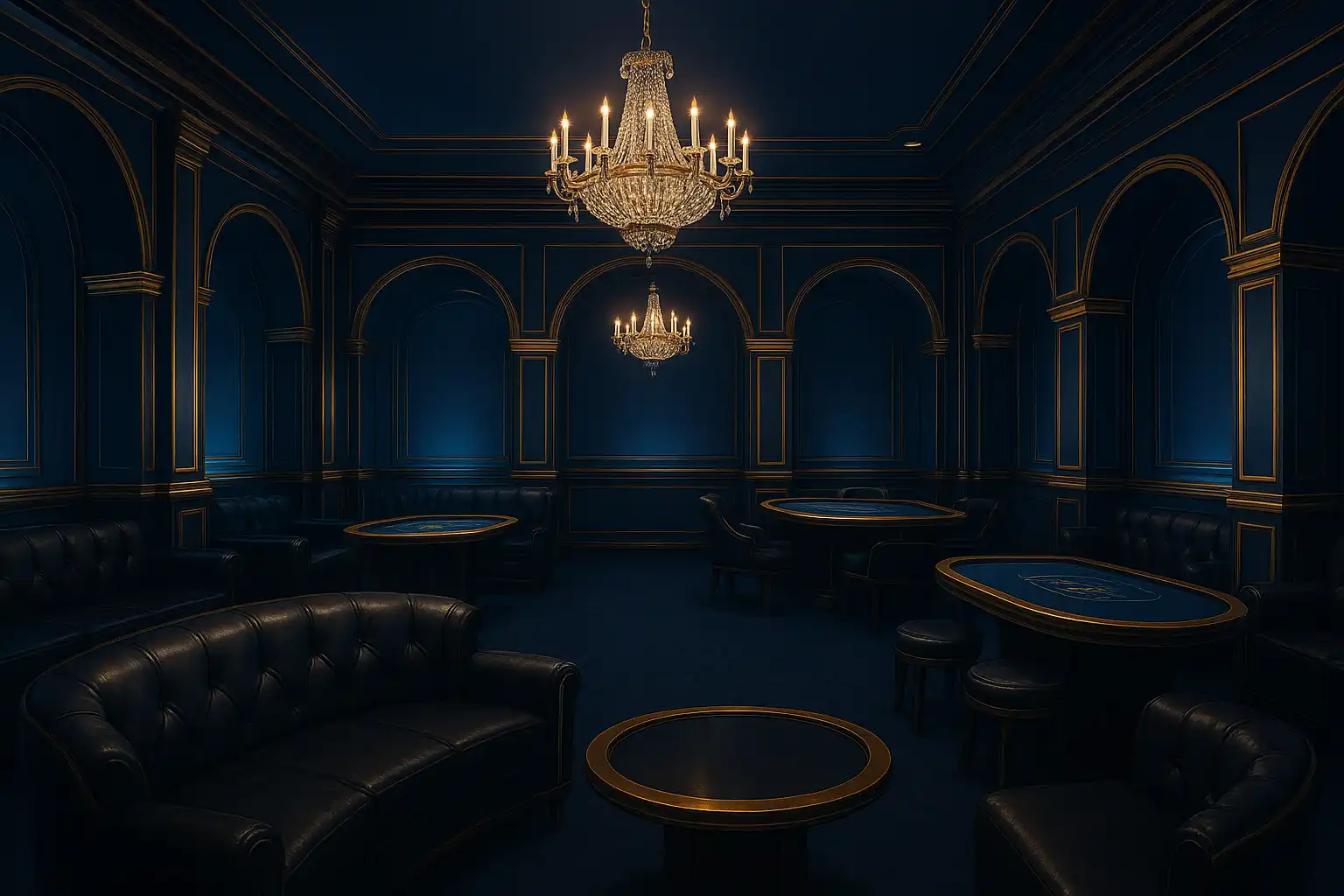 Elegant VIP casino lounge interior with black leather seating and gold trim
