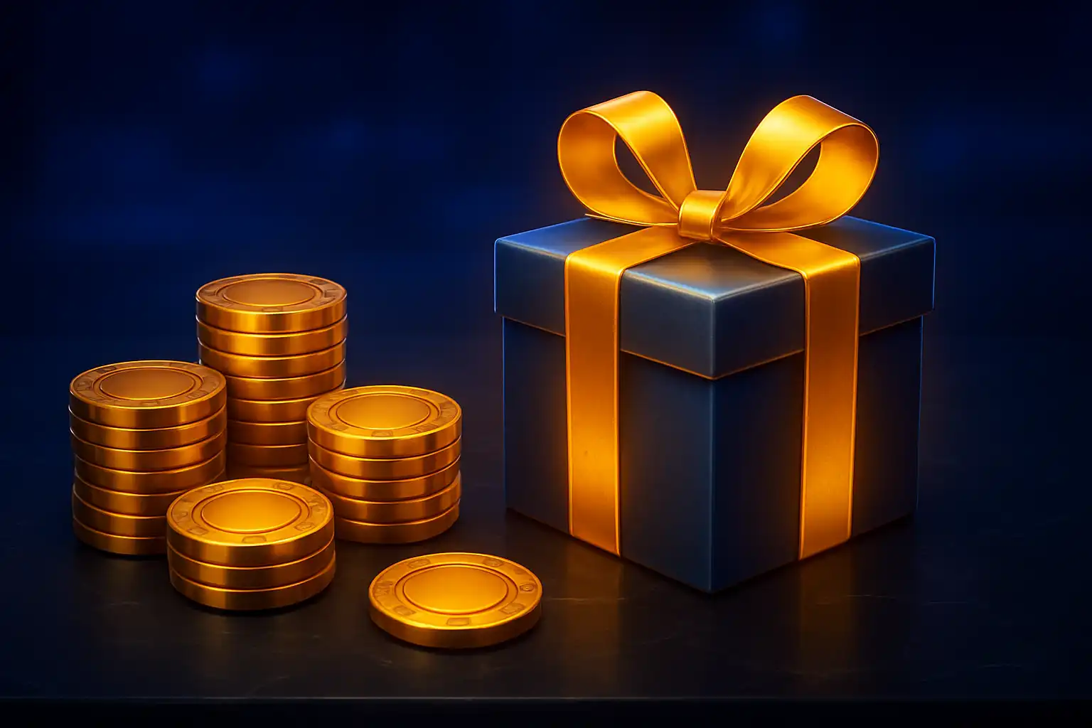Golden poker chips and a glowing gift box on a black marble table