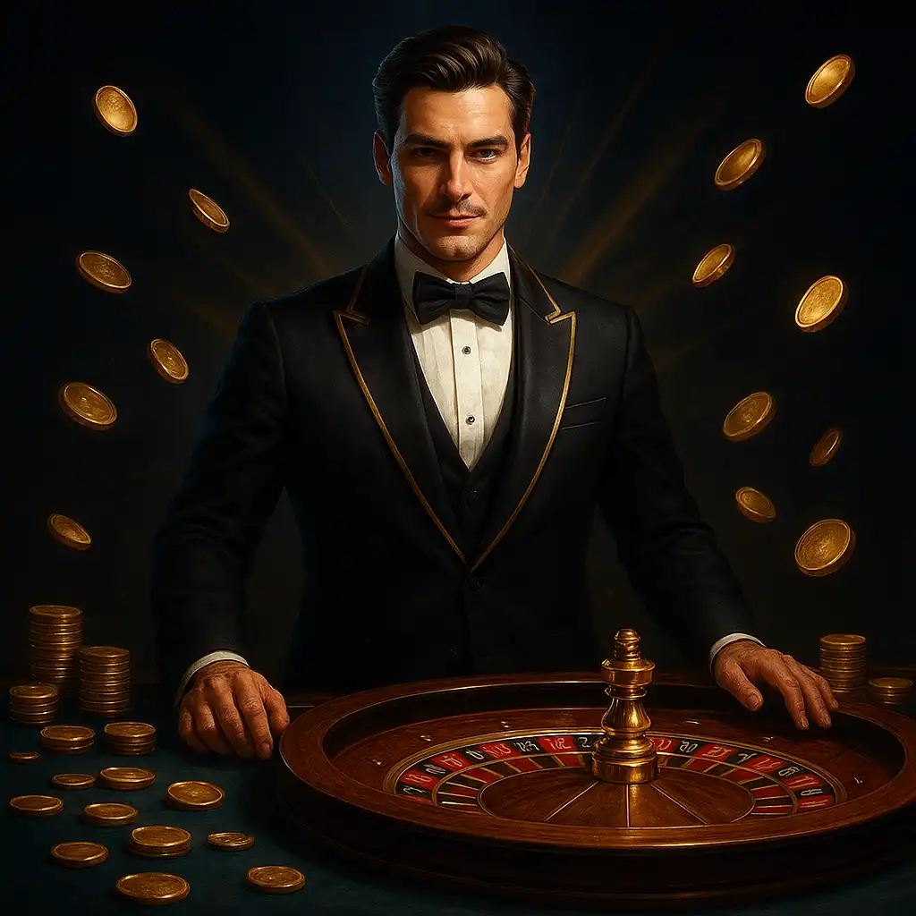Croupier at a roulette table inside a black and gold VIP casino lounge