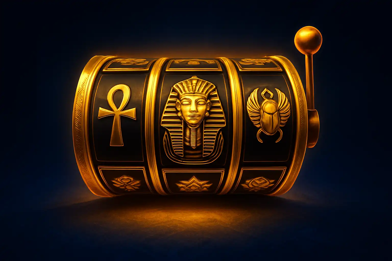 Glowing slot machine reel with a gold and black Egyptian theme on a casino floor